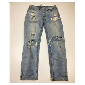 FREE PEOPLE Light Wash Distressed Cuffed Hem 5 Pocket Logo Hardware Jeans